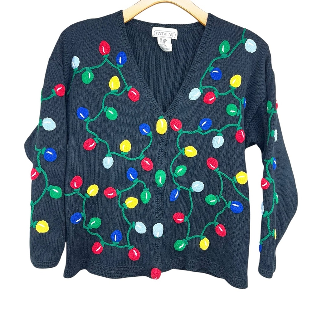 Vintage Mandal Bay Christmas Light Cardigan Sweater Womens Large RUNS SMALL